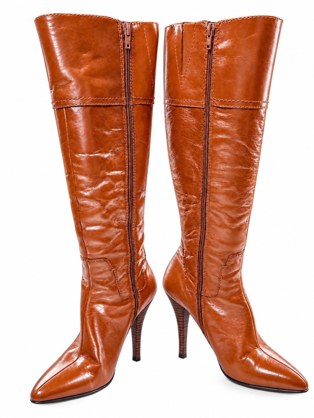 Nine West Cognac Leather Knee High Pointed Toe Stiletto Boots Women's Size 7M
